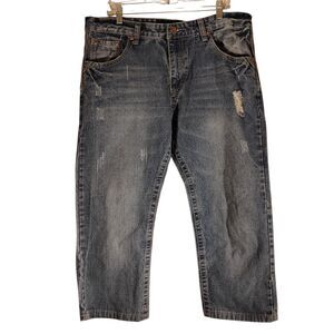 Fiend jeans mens 38x32 (hemmed) blue denim distressed loose relaxed fit baggy